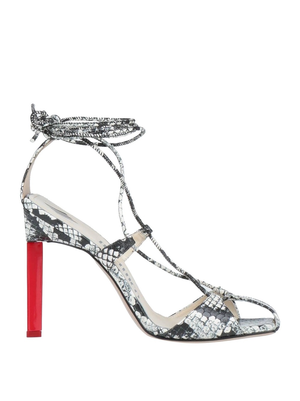 The Attico Black & White Snake-Print Lace-Up Sandal with Red Heel